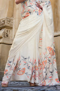 Cream Satin Silk Saree With Blouse Piece