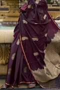 Wine Banarasi Silk Saree With Blouse Piece