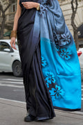 Black & Blue Satin Silk Saree With Blouse Piece