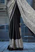 Black & White Satin Silk Saree With Blouse Piece