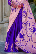 Blue & Pink Satin Silk Saree With Blouse Piece