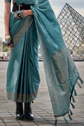 Ocean Blue Banarasi Silk Saree With Blouse Piece