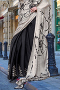 Black & White Satin Silk Saree With Blouse Piece