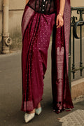 Wine Banarasi Silk Saree With Blouse Piece