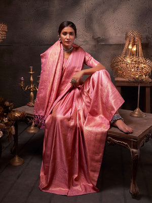 Pink Kanjeevaram Art Silk Saree With Blouse Piece