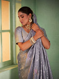 Grey Kanjeevaram Art Silk Saree With Blouse Piece