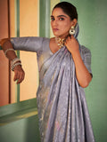 Grey Kanjeevaram Art Silk Saree With Blouse Piece