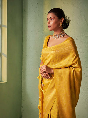 Yellow Kanjeevaram Art Silk Saree With Blouse Piece