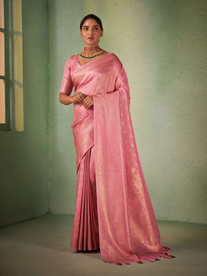 Light Pink Kanjeevaram Art Silk Saree With Blouse Piece