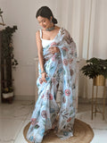 Sky Blue Organza Saree With Blouse Piece