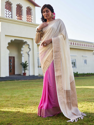 Off-White & Pink Banarasi Pure Georgette Saree With Blouse Piece