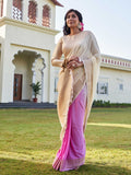 Off-White & Pink Banarasi Pure Georgette Saree With Blouse Piece