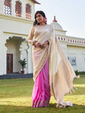 Off-White & Pink Banarasi Pure Georgette Saree With Blouse Piece