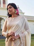 Off-White & Pink Banarasi Pure Georgette Saree With Blouse Piece