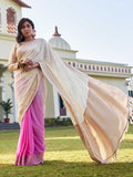 Off-White & Pink Banarasi Pure Georgette Saree With Blouse Piece