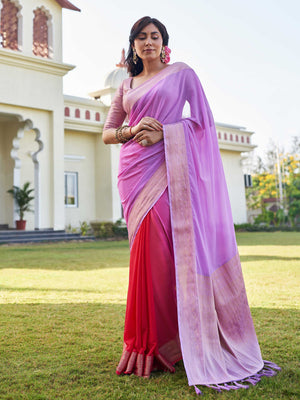 Lavender & Red Banarasi Pure Georgette Saree With Blouse Piece