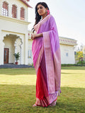 Lavender & Red Banarasi Pure Georgette Saree With Blouse Piece