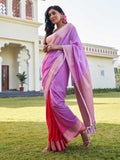 Lavender & Red Banarasi Pure Georgette Saree With Blouse Piece