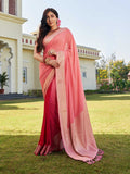 Peach & Red Banarasi Pure Georgette Saree With Blouse Piece