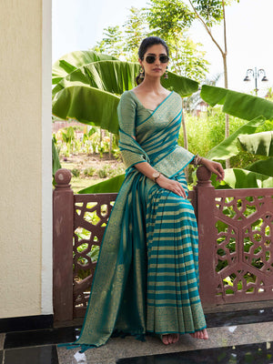 Teal Blue Banarasi Pure Georgette Saree With Blouse Piece