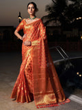 Peach Banarasi Organza Saree With Blouse Piece