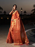 Peach Banarasi Organza Saree With Blouse Piece