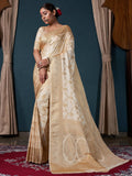 Off White Banarasi Satin Silk Saree With Blouse Piece