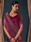 Wine Banarasi Satin Silk Saree With Blouse Piece