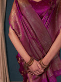 Wine Banarasi Satin Silk Saree With Blouse Piece