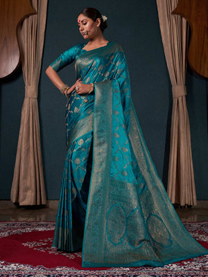 Teal Blue Banarasi Satin Silk Saree With Blouse Piece