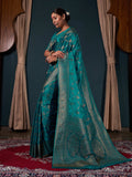 Teal Blue Banarasi Satin Silk Saree With Blouse Piece