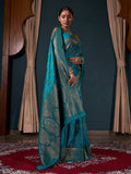 Teal Blue Banarasi Satin Silk Saree With Blouse Piece