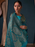 Teal Blue Banarasi Satin Silk Saree With Blouse Piece