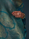 Teal Blue Banarasi Satin Silk Saree With Blouse Piece