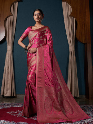 Onion Pink Banarasi Satin Silk Saree With Blouse Piece