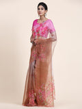 Pink and Brown Digital Printed Organza Saree With Satin PInk Blouse Piece