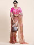 Pink and Brown Digital Printed Organza Saree With Satin PInk Blouse Piece