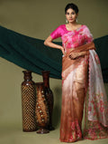 Pink and Brown Digital Printed Organza Saree With Satin PInk Blouse Piece