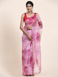 Pink Digital Printed Organza Saree With Satin Red Blouse Piece