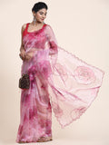 Pink Digital Printed Organza Saree With Satin Red Blouse Piece