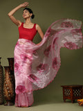 Pink Digital Printed Organza Saree With Satin Red Blouse Piece