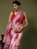 Pink Digital Printed Organza Saree With Satin Red Blouse Piece