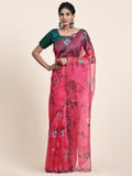 Pink Digital Printed Organza Saree With Satin Green Blouse Piece