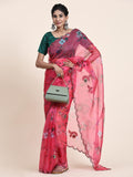 Pink Digital Printed Organza Saree With Satin Green Blouse Piece