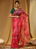 Pink Digital Printed Organza Saree With Satin Green Blouse Piece