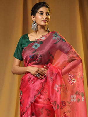 Pink Digital Printed Organza Saree With Satin Green Blouse Piece