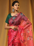 Pink Digital Printed Organza Saree With Satin Green Blouse Piece