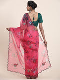 Pink Digital Printed Organza Saree With Satin Green Blouse Piece