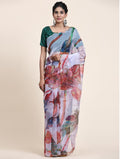 White Digital Printed Organza Saree With Satin Green Blouse Piece