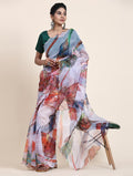 White Digital Printed Organza Saree With Satin Green Blouse Piece